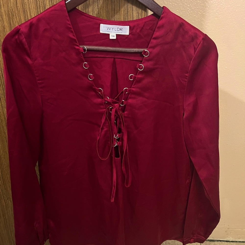 Cranberry Colored 100% Polyester Long Sleeve Blouse